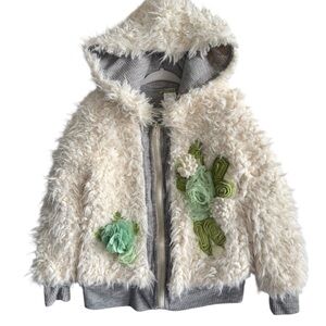 Little Mass Faux Fur Jacket Cream Hoodie Green Floral Appliqué 6X